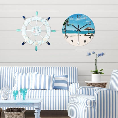 XFM Summer Beach Wall Clock 16 Inch Silent Non-Ticking Battery Operated Glass Clocks Tropical Hawaii Coastal Wall Clock for Living Room Bedroom Home Office Decor