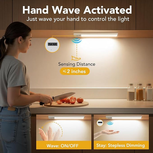 Under Cabinet Lighting, Motion Sensor Light with 3 Color Temps, Rechargeable Closet Lights with Hand Wave, 9 Inch Dimmable Under Counter Lights for Kitchen, Wardrobe, Stairs, 2 Pack