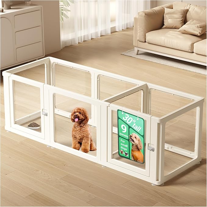 Transparent 9-Panel Dog Playpen, Acrylic Indoor/Outdoor Puppy Pen for Small & Medium Dogs, 30 Inch with Door, White(Fully Transparent 74 * 26 Two Rooms,30 inch)