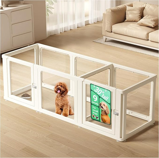 Transparent 9-Panel Dog Playpen, Acrylic Indoor/Outdoor Puppy Pen for Small & Medium Dogs, 30 Inch with Door, White(Fully Transparent 74 * 26 Two Rooms,30 inch)