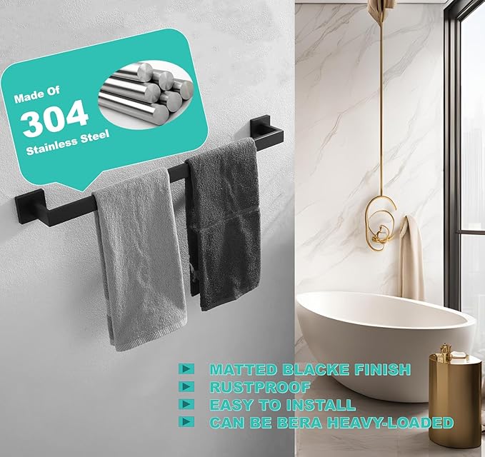 20 Inch Towel Bar for Bathroom 12/16/20/24/28/32/36 Inch Kitchen Towel Holder Matte Black Towel Rod Wall Mounted SUS304 Rustproof Towel Rack Modern Square Design (1, Matte Black, 20 Inch)