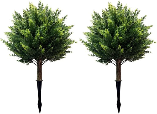 Artificial Cedar Topiary Ball Tree with Ground Spike 23.6", Set of 2 Outdoor Faux Plants UV Resistant Fake Bushes Shrubs for Garden, Yard, Porch, Patio Decor