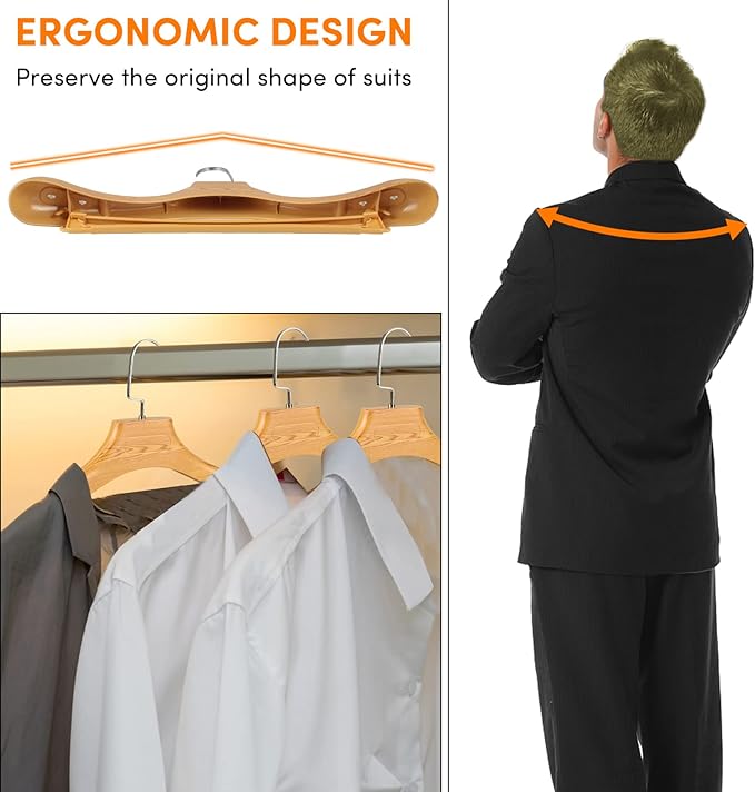 DEDU Suit Hangers for Men 20 Pack Width 17.5", Coat Hangers No Shoulder Bump Non Slip for Thick Sweaters, Plastic Extra Wide Shoulder with Pants Bar & Metal Hook (Natural)