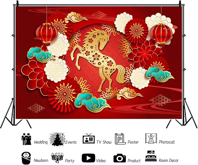 Renaiss 9x6ft Happy Chinese New Year Backdrop Year of The Horse Spring Festival Banner Gold Horse Lucky Clouds Flowers Background Chinese Birthday Lantern Festival Party Decors Photo Studio Props
