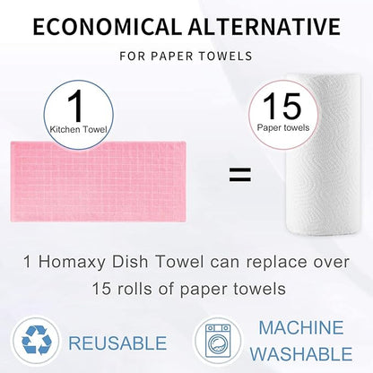 Homaxy 100% Cotton Terry Kitchen Towels(Pink, 13 x 28 inches), Checkered Designed, Soft and Super Absorbent Dish Towels, 12 Pack