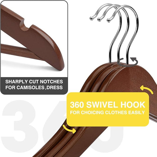 Wooden Hangers 10 Pack,Heavy Duty Wood Coat Hangers,with 360-degree Hook，Smooth Finish Wooden Clothes Hangers with Non Slip Pants Bar, Sturdy Clothes Hangers for Shirts,Suit（Walnut）