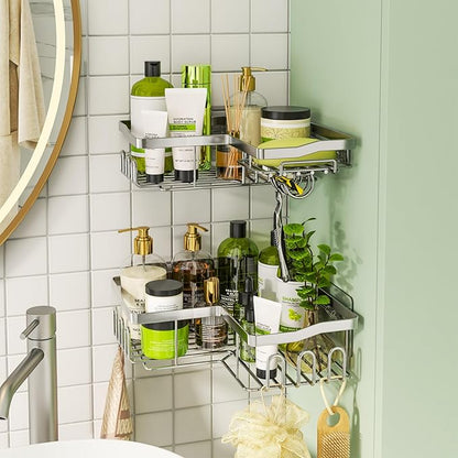 HapiRm Corner Shower Caddy with Shampoo Holder, Shower Organizer with 11 Hooks, No Drilling Rustproof Stainless Steel Bathroom Shelves - Silver (Only for 90 ° Right Angle)