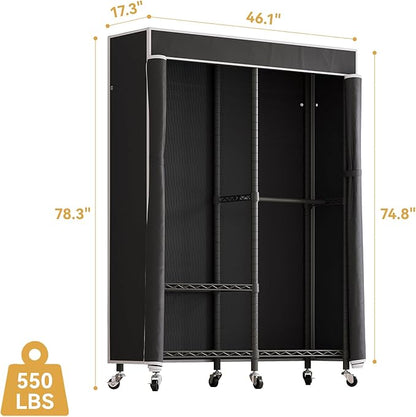 H9 Garment Rack with Cover, Heavy Duty Clothing Rack for Hanging Clothes, Portable Closet with wheels, Wardrobe Closet with Adjustable Shelves, Black Rack Shelf with Black Fabric Cover
