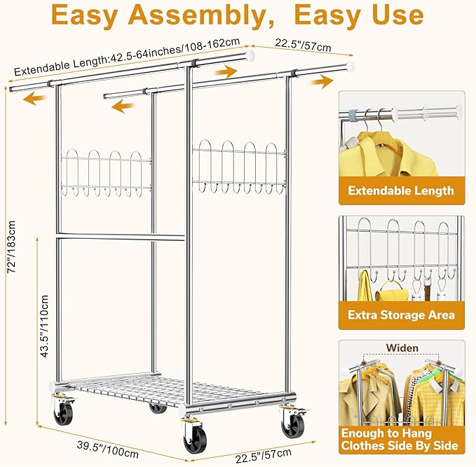 100% Stainless Steel Heavy Duty Clothes Rack Load 860LBS, Adjustbale Height Double Rods Clothing Racks for Hanging Clothes, Rolling Garment Rack With Sturdy Wheels Shelf (Silver, Three Rod)