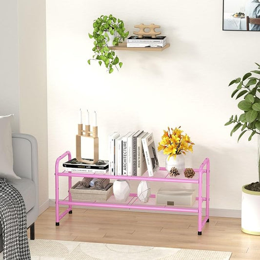SUFAUY 33" Wide Shoe Rack for Closet, 2 Tier Metal Shoe Organizer Heavy Duty, Stackable, Pink