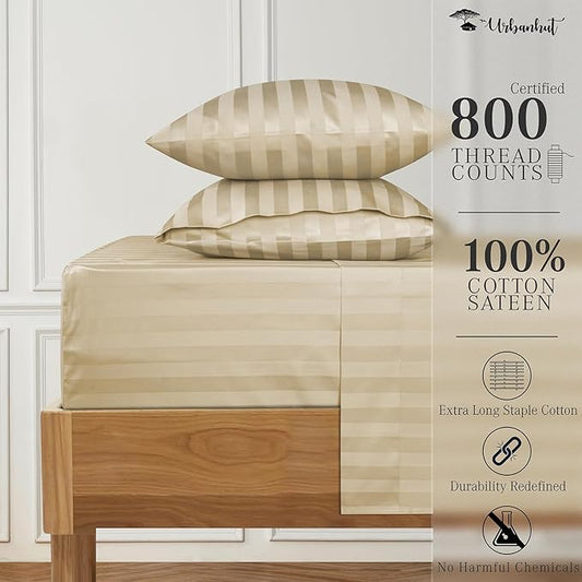 URBANHUT 800 Thread Count Egyptian Cotton Damask Striped Full Size Sheets Set (4 Pc) - Ultra Soft & Smooth, Sateen Weave Full Size Bed Sheets, Luxury Hotel Sheets with 16" Deep Pocket - Sand