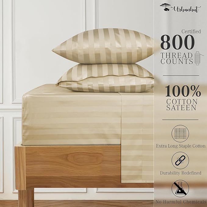 URBANHUT 800 Thread Count Egyptian Cotton Damask Striped King Size Sheets Set (4 Pc) - Ultra Soft & Smooth, Sateen Weave King Size Sheets, Luxury Hotel Sheets with 16" Deep Pocket - Sand
