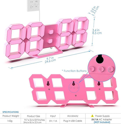 KOSUMOSU Pink LED Clock 3D Wall Clock 9.7" Table Clock for Living Room Modern Digital Clock for Bedroom Aesthetic Bedside Desk Clock with Remote/Dimming/12/24H/Temp/Alarm Clock/Date