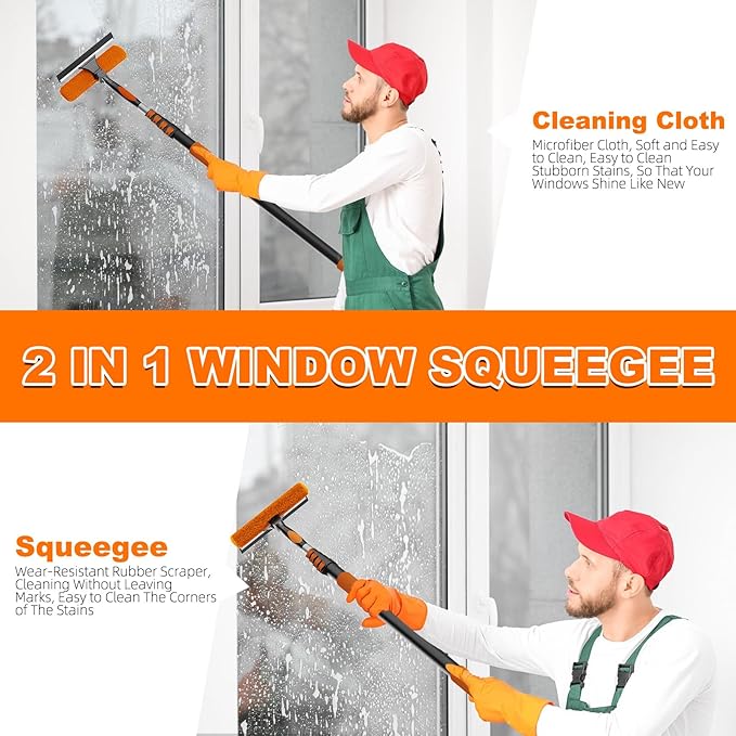 20FT Reach Window Squeegee with Extension Pole, 2-in-1 Professional Window Washing Kit for Home, Indoor Outdoor Squeegee with Rotatable Head for High Windows