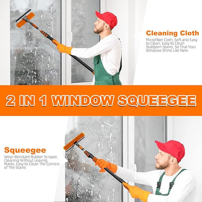 20FT Reach Window Squeegee with Extension Pole, 2-in-1 Professional Window Washing Kit for Home, Indoor Outdoor Squeegee with Rotatable Head for High Windows