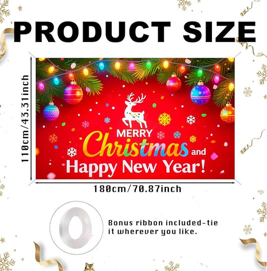 Nuxovilar Happy New Year & Christmas Banner, Twinkling Lights Fusion Backdrop for Holiday Party Decorations, 71x43 Inch