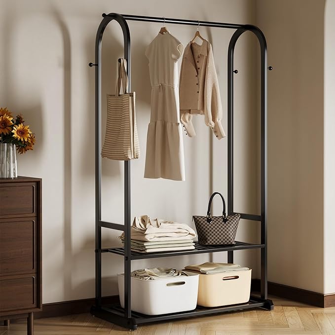Sturdy heavy duty clothes rack,Black clothing rack with bottom shelves and 6 side hooks,Metal garment rack for hanging clothes,Wardrobe rack for Bedroom