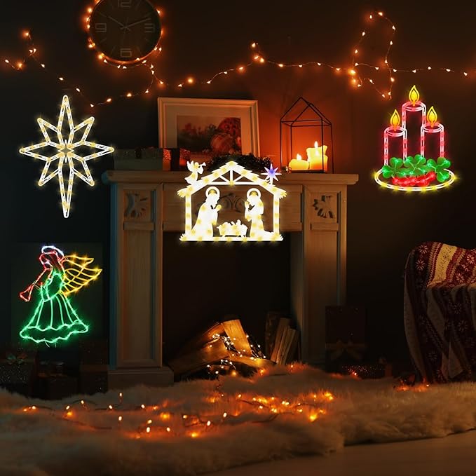 16" Christmas Window Silhouette Lights Decorations - 4 Pack Colour Lighted Angel ＆ Nativity ＆ Candle ＆ Bethlehem Star for Holiday Wall Door Window Decorate