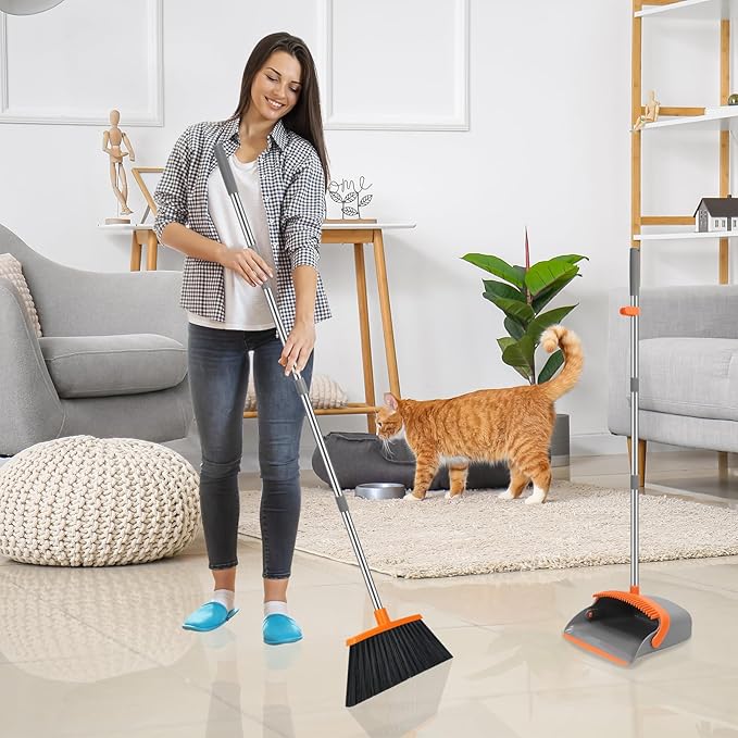 NACENA Broom and Dustpan Set, 52-in Long Adjustable Handle Broom Dustpan Combo with Dustpan Teeth to Automatically Clean Hair Suitable for Home Kitchen Office Hall Floor（Grey&Orange）