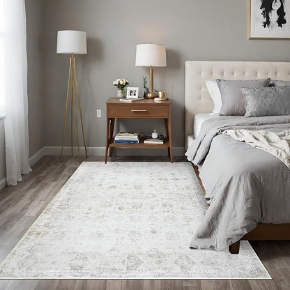 Washable 4×6 Area Rugs for Living Room, Vintage Floral Rug Soft Non Slip Stain Resistant Boho Carpet for Bedroom Dinning Room Kitchen Home Office 02 Beige