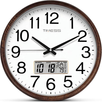 Wall Clock, Classic Wood Style Finish, 16 Inch Non-Ticking Silent Battery Operated Quartz Analog with Perpetual Calendar and F° Temperature Display, Home, Office Décor (Wood Brown)