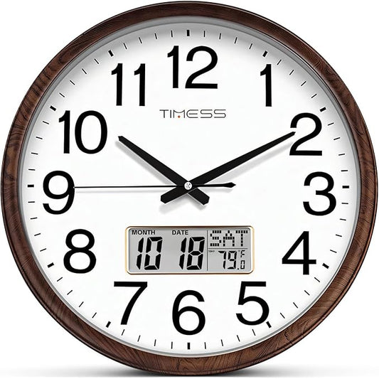 Wall Clock, Classic Wood Style Finish, 16 Inch Non-Ticking Silent Battery Operated Quartz Analog with Perpetual Calendar and F° Temperature Display, Home, Office Décor (Wood Brown)