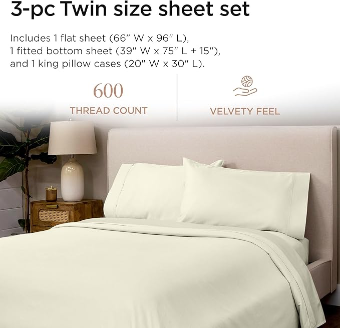 Threadmill 100% Cotton Sheets for Twin Size Bed - 600 Thread Count Twin Bed Sheets Set with 15” Deep Pocket - Sateen Weave 3-Piece Bedding Set with Cooling Effect, Ivory