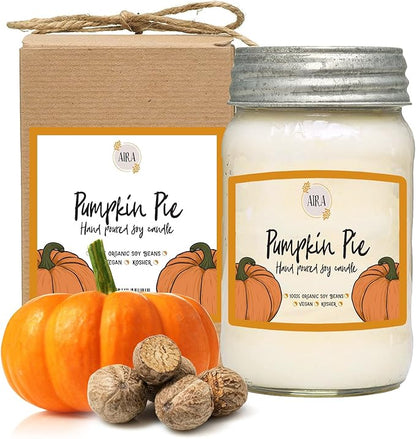 Aira Soy Candles - Organic, Kosher, Vegan, in Mason Jar w/Therapeutic Grade Essential Oil Blends - Hand-Poured 100% Soy Candle - Paraffin Free, Burns 110+ Hours - Fall Candle - Pumpkin Pie -16 Ounces
