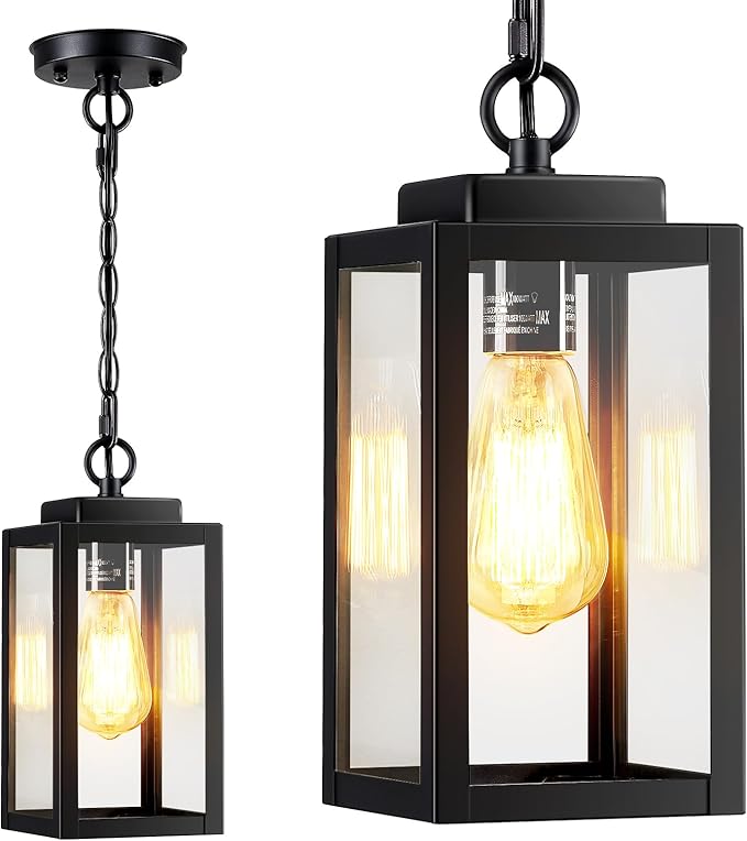 11'' Outdoor Pendant Light, Modern Outside Chandelier Outdoor Hanging Lantern Light, Matte Black with Clear Glass, Exterior Pendant Lighting Fixture for Porch, Yard, Gazebo, 1Pack