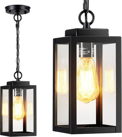 11'' Outdoor Pendant Light, Modern Outside Chandelier Outdoor Hanging Lantern Light, Matte Black with Clear Glass, Exterior Pendant Lighting Fixture for Porch, Yard, Gazebo, 1Pack