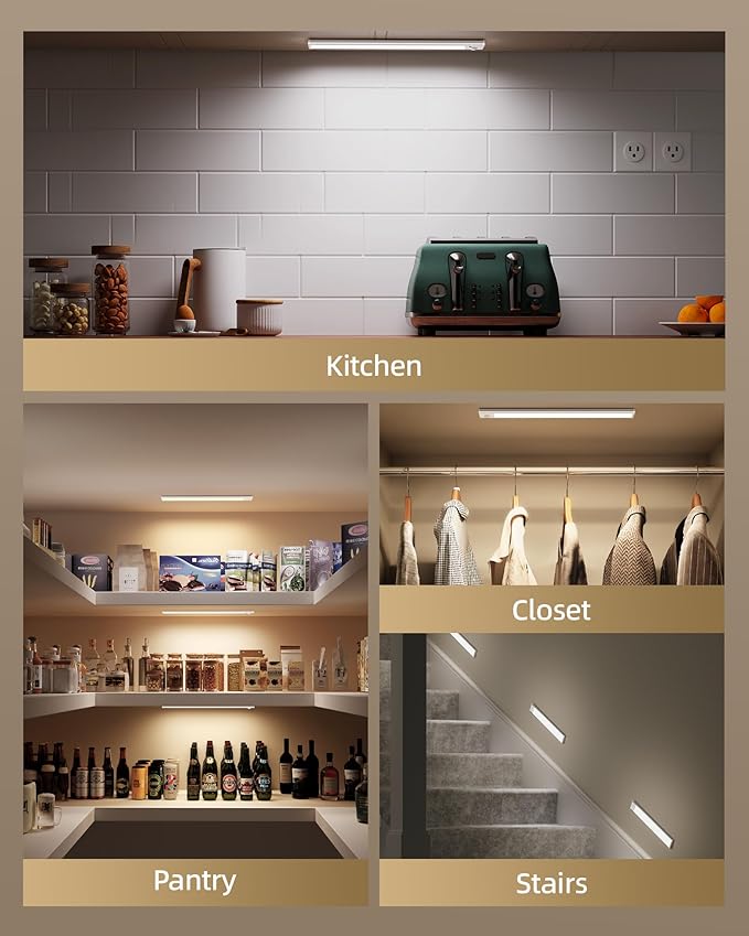 6-Pack Under Cabinet Lighting Wireless, LED Motion Sensor Light Indoor, Rechargeable Closet Lights Battery Operated, Dimmable & 3 Color Temps, Under Counter Lights for Kitchen, Stairs (8inch)
