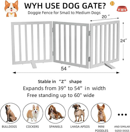 Dog Gate Indoor, Freestanding Dog Fence for The House, Doorways, Hallways,or Stairs,Pet Gate Foldable Wooden,Expandable 24" Height 3 Panels,White
