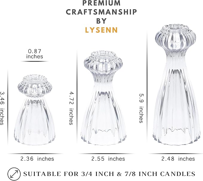 Lysenn Glass Candle Stick Holder Set of 3 – Premium Taper Candle Holders for Romantic Ambiance - Candle Sticks Holder Decor for Special Occasions - Green