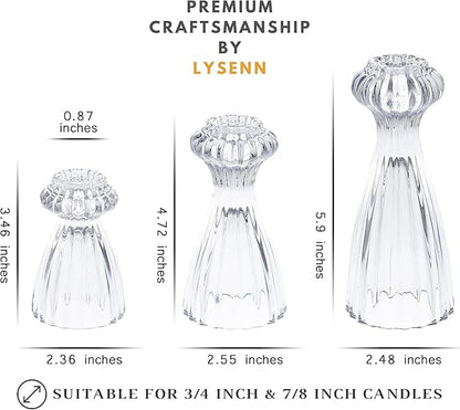 Lysenn Glass Candle Stick Holder Set of 3 – Premium Taper Candle Holders for Romantic Ambiance - Candle Sticks Holder Decor for Special Occasions - Clear