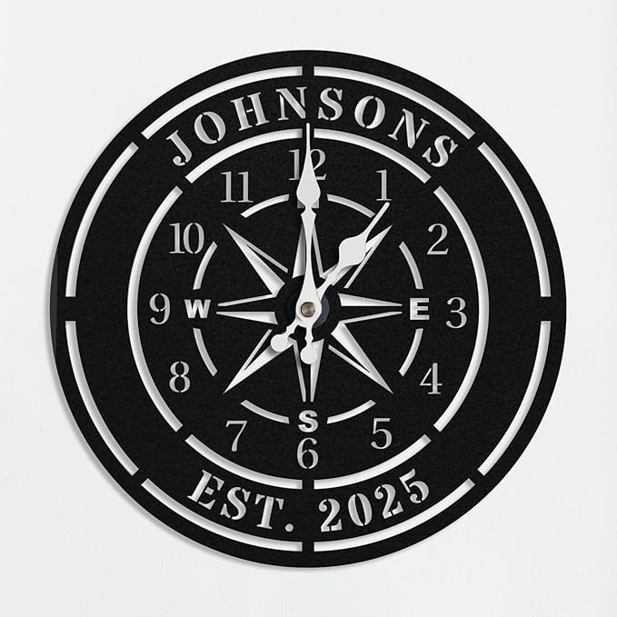 Personalized Compass Wall Clock, Custom Iron Wall Clock with Unique Text, Black Vintage Nautical Decor for Living Room, Office, Mantle, Unique Housewarming Gift, Anniversary Wedding Gift for Him