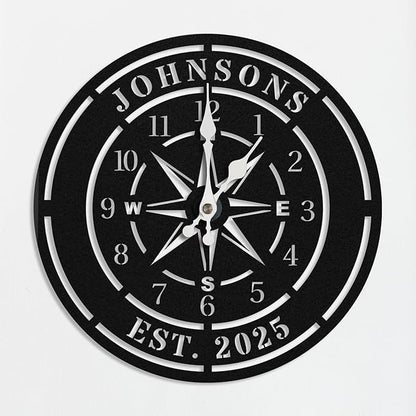 Personalized Compass Wall Clock, Custom Iron Wall Clock with Unique Text, Black Vintage Nautical Decor for Living Room, Office, Mantle, Unique Housewarming Gift, Anniversary Wedding Gift for Him