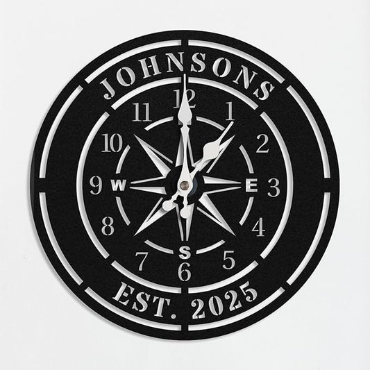 Personalized Compass Wall Clock, Custom Iron Wall Clock with Unique Text, Black Vintage Nautical Decor for Living Room, Office, Mantle, Unique Housewarming Gift, Anniversary Wedding Gift for Him