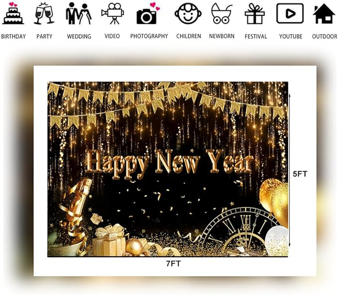 LTLYH 7x5ft Happy New Year Backdrop Gold Glitter Party Decoration 2026 New Year Eve Photography Background Black and Gold Celebration Banner for Party Supplies