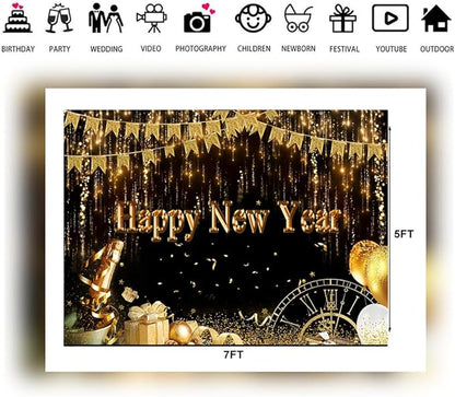 LTLYH 7x5ft Happy New Year Backdrop Gold Glitter Party Decoration 2026 New Year Eve Photography Background Black and Gold Celebration Banner for Party Supplies