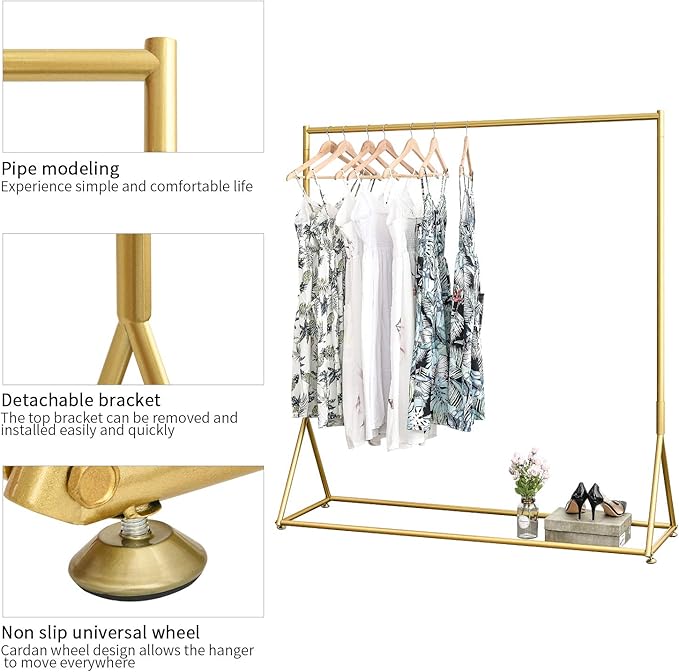 BOSURU Gold Pipe Clothing Racks Freestanding, Modern Metal Clothes Rack Heavy Duty, Easy Assemble Clothing Rack for Hanging Boutiques and Bedroom 59" L