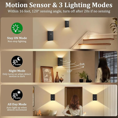 4 Pack Rechargeable Motion Sensor Wall Light: Wireless Battery Powered Wall Sconce with Remote, 3CCT Magnetic Motion Sensor Stair Light LED Indoor Up Down Wall Lamp for Bedroom Hallway Closet, Black