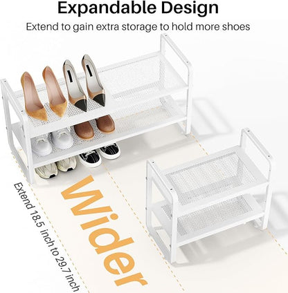 SNTD Shoe Rack - Expandable Shoe Organizer for Closet, Adjustable Metal Shoe Shelf Storage, Stackable Long Shoe Stand Holder for Garage, Entryway, Door Entrance (White, 2-Tier)