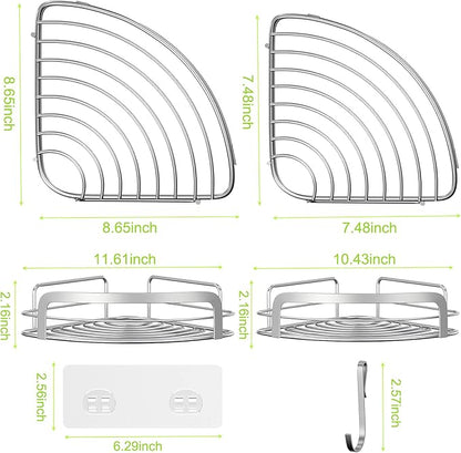 STEUGO 2 Pack Shower Caddy Corner, Bathroom Corner Shower Shelfs, Adhesive Wall Mounted Shower Caddy with 4 Movable Hooks, No Drilling Shower Shelf, Stainless Steel Silver.