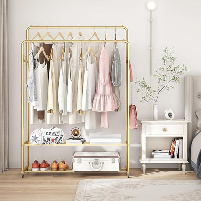 Double Rod Clothing Garment Rack, Heavy Duty Metal Rolling Clothes Rack with Wheels with 4 Fixed Hooks, Multi-Functional Bedroom Organizer Hanging Clothes, Gold