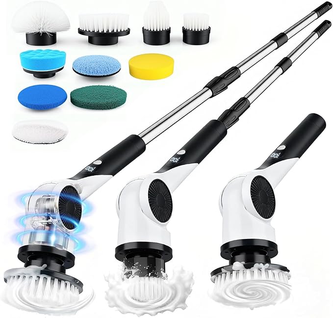 Electric Spin Scrubber, 3-Speed Cordless Shower Scrubber with 90° Adjustable & 10 Replaceable Brush Heads, 90 Mins Runtime & Full-Body IPX7 Waterproof Shower Cleaner Brush with Long Handle