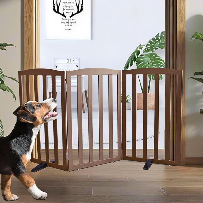 ZJSF Foldable Freestanding Indoor Dog Gate for House Wood Long Pet Gates Dog Fence for Stairs Puppy Gates for Hallways, Puppy Gate,Support Feet Included, Brown, 32 "Height-3 Panels