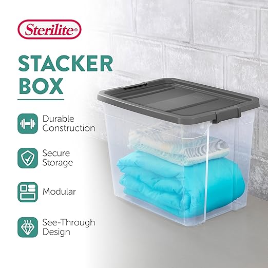 Sterilite 4-Pack Modular Stacker Box, Durable Clear Plastic Storage Bins with Latching Lids, 108 Quart - Stackable Organizing Container Boxes for Closet, Bathroom, and Office