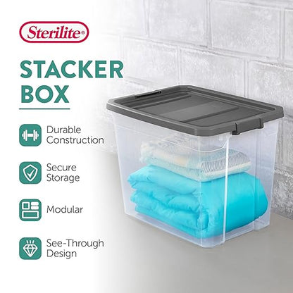 Sterilite 4-Pack Modular Stacker Box, Durable Clear Plastic Storage Bins with Latching Lids, 108 Quart - Stackable Organizing Container Boxes for Closet, Bathroom, and Office