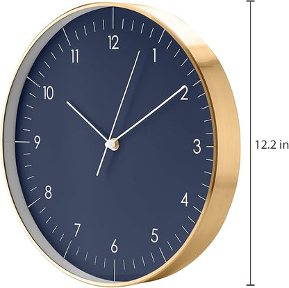 LUUK LIFESTYLE Modern Wall Clock with Silent Quartz Movement, Stylish & Functional, Decoration for Living Room, 12 inch, in Dark Blue & Gold