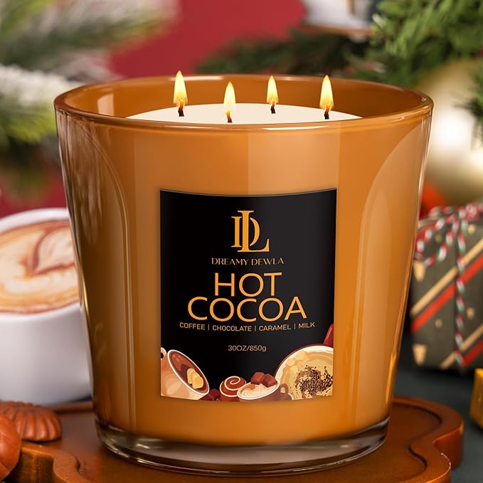 Large Candle Hot Cocoa Scented, 4 Wick Natural Soy Candles for Home Scented, 30oz Big Holiday Candle Long Lasting, Home Kitchen Scent Candles Valentine's Day Gifts for Women Men